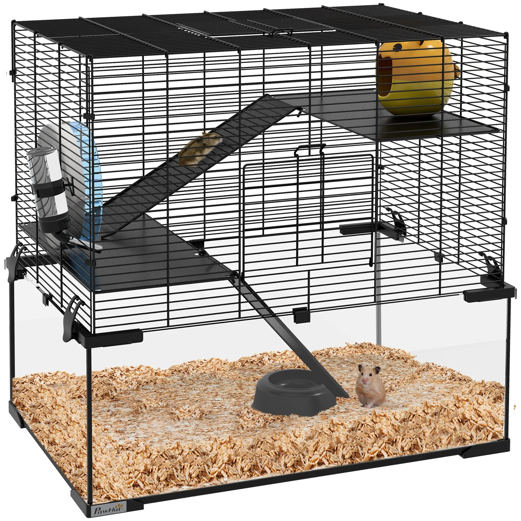 3 Tiers Hamster Cage Gerbil Cage with Deep Glass Bottom Non-Slip Ramps Platforms Hut Exercise Wheels Water Bottle for Syrian Dwarf Hamster
