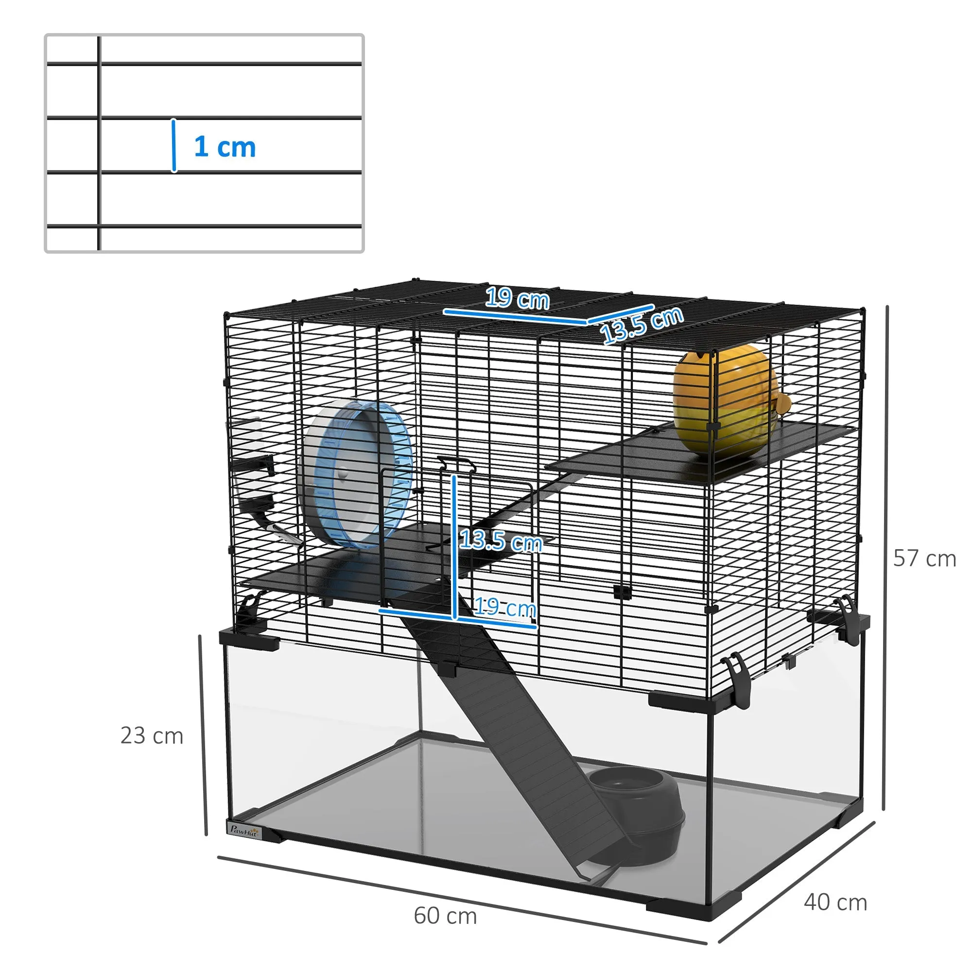 3 Tiers Hamster Cage Gerbil Cage with Deep Glass Bottom Non-Slip Ramps Platforms Hut Exercise Wheels Water Bottle for Syrian Dwarf Hamster