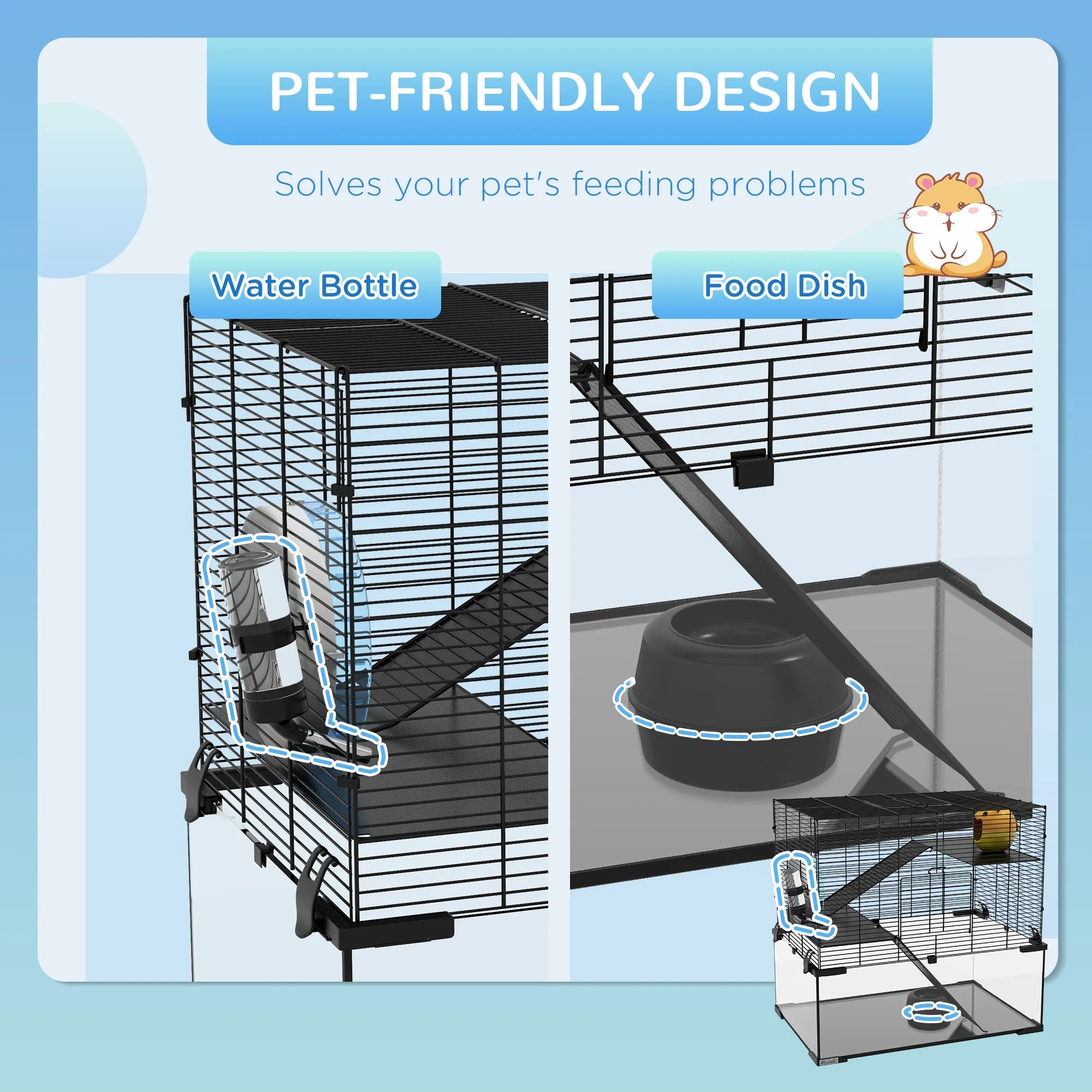 3 Tiers Hamster Cage Gerbil Cage with Deep Glass Bottom Non-Slip Ramps Platforms Hut Exercise Wheels Water Bottle for Syrian Dwarf Hamster