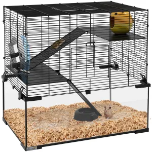 3 Tiers Hamster Cage Gerbil Cage with Deep Glass Bottom Non-Slip Ramps Platforms Hut Exercise Wheels Water Bottle for Syrian Dwarf Hamster