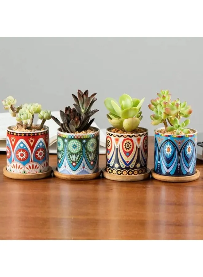 4 Pcs Succulent Indoor Flower Pots Small Modern Ceramic Indoor Plant Pot with Bamboo Tray for Cactus Herbs Home Interior Design 3 (Plants NOT Included)