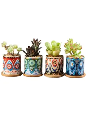 4 Pcs Succulent Indoor Flower Pots Small Modern Ceramic Indoor Plant Pot with Bamboo Tray for Cactus Herbs Home Interior Design 3 (Plants NOT Included)