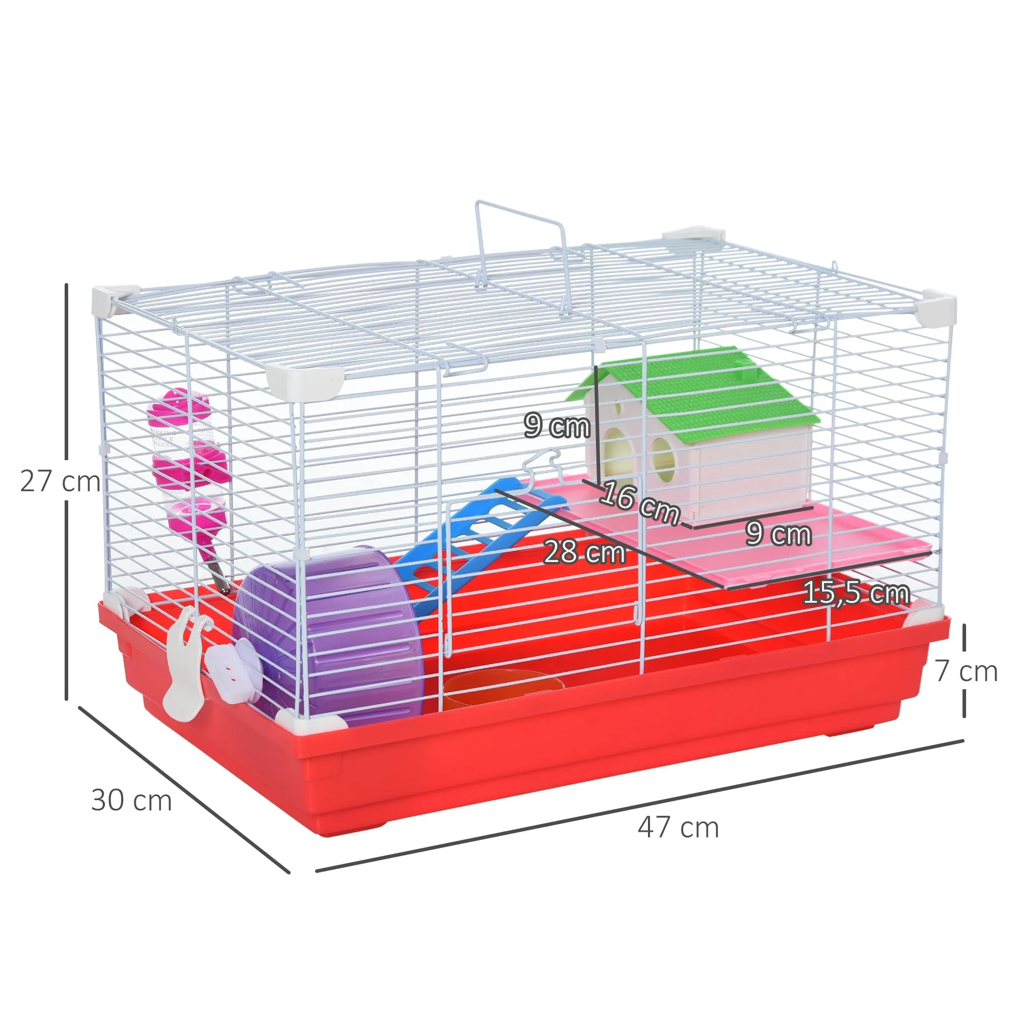 Dwarf Hamster Metal CageWith Tunnels Exercise Wheel Water Bottle Dishes Red and White