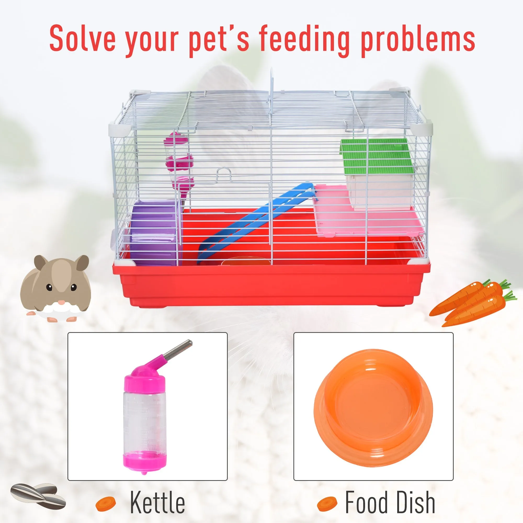 Dwarf Hamster Metal CageWith Tunnels Exercise Wheel Water Bottle Dishes Red and White