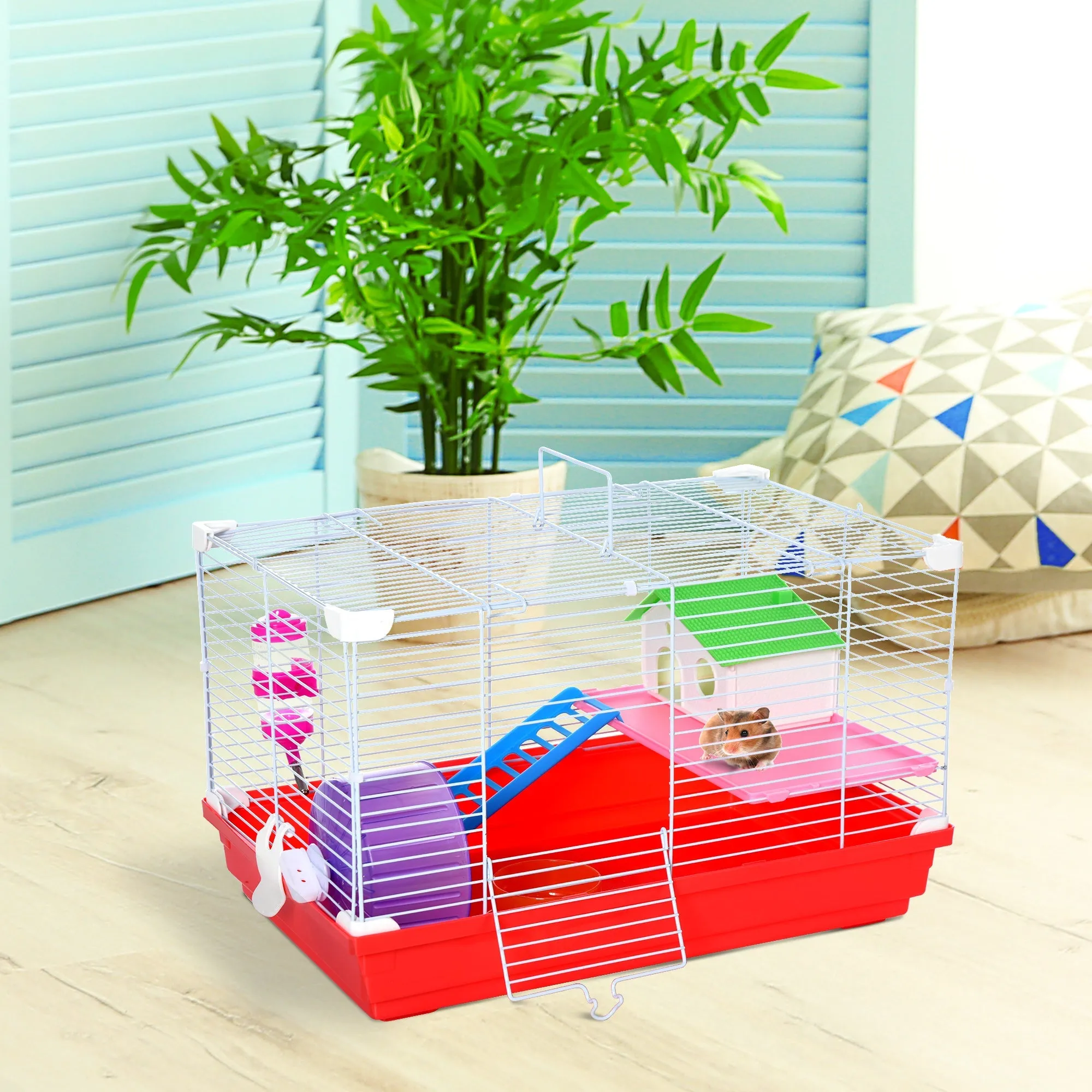 Dwarf Hamster Metal CageWith Tunnels Exercise Wheel Water Bottle Dishes Red and White