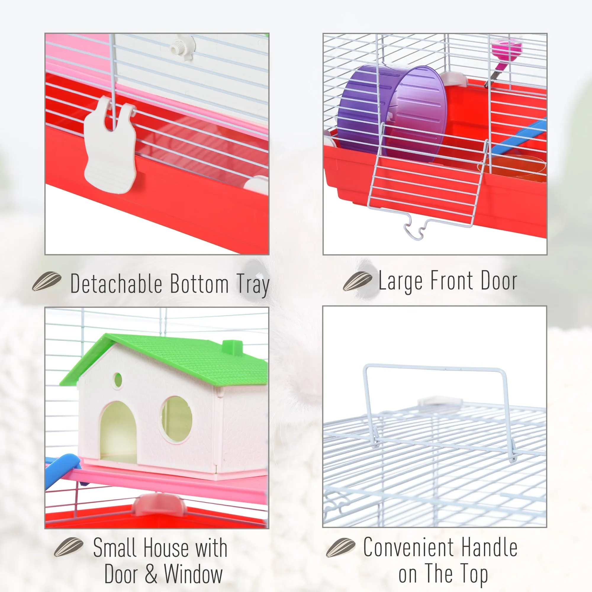 Dwarf Hamster Metal CageWith Tunnels Exercise Wheel Water Bottle Dishes Red and White