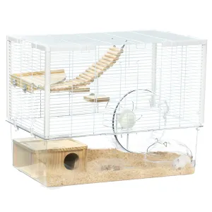 Hamster Cage Gerbilarium Cage Wooden Ramp Exercise Wheel Food Bowl Natural Tone and White