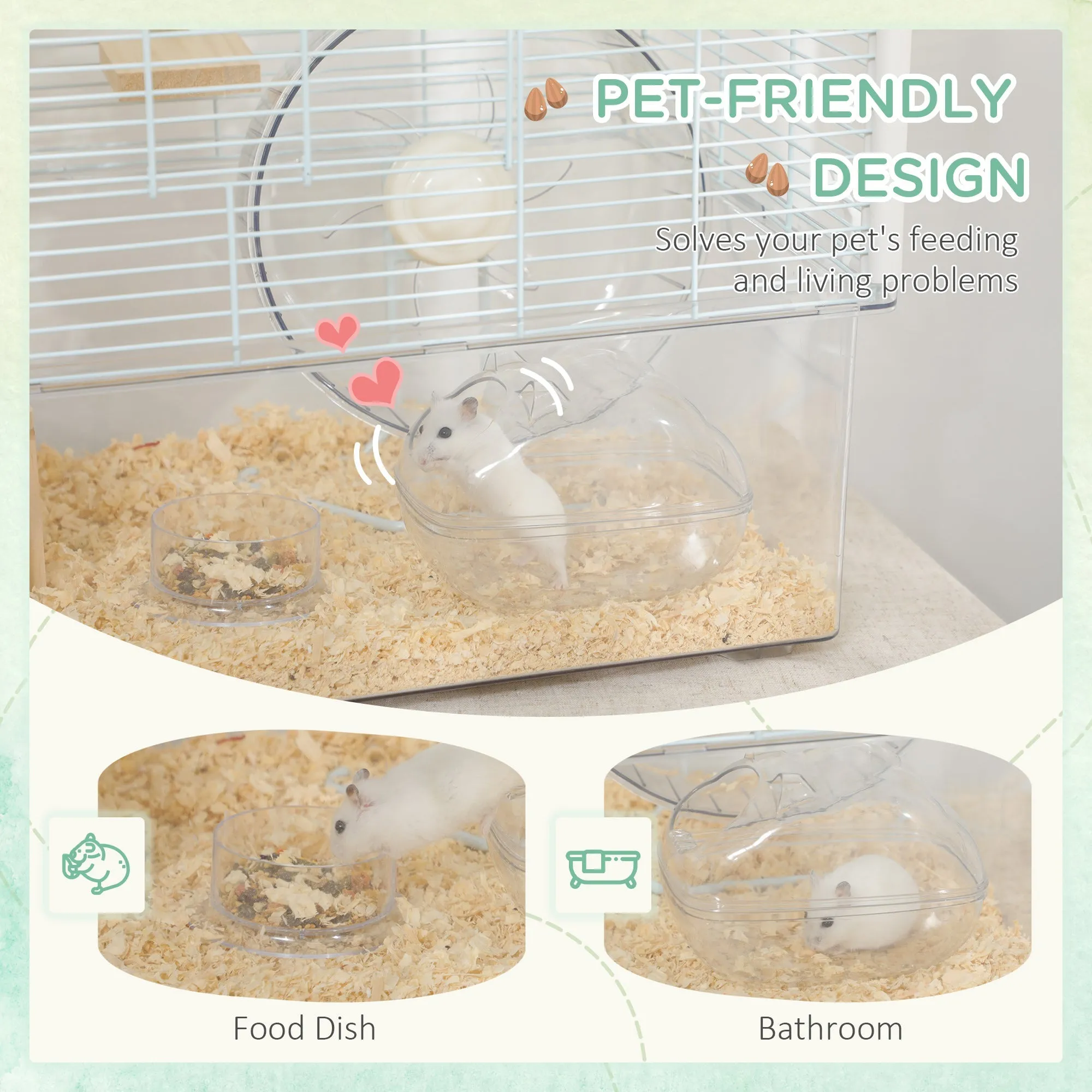 Hamster Cage Gerbilarium Cage Wooden Ramp Exercise Wheel Food Bowl Natural Tone and White
