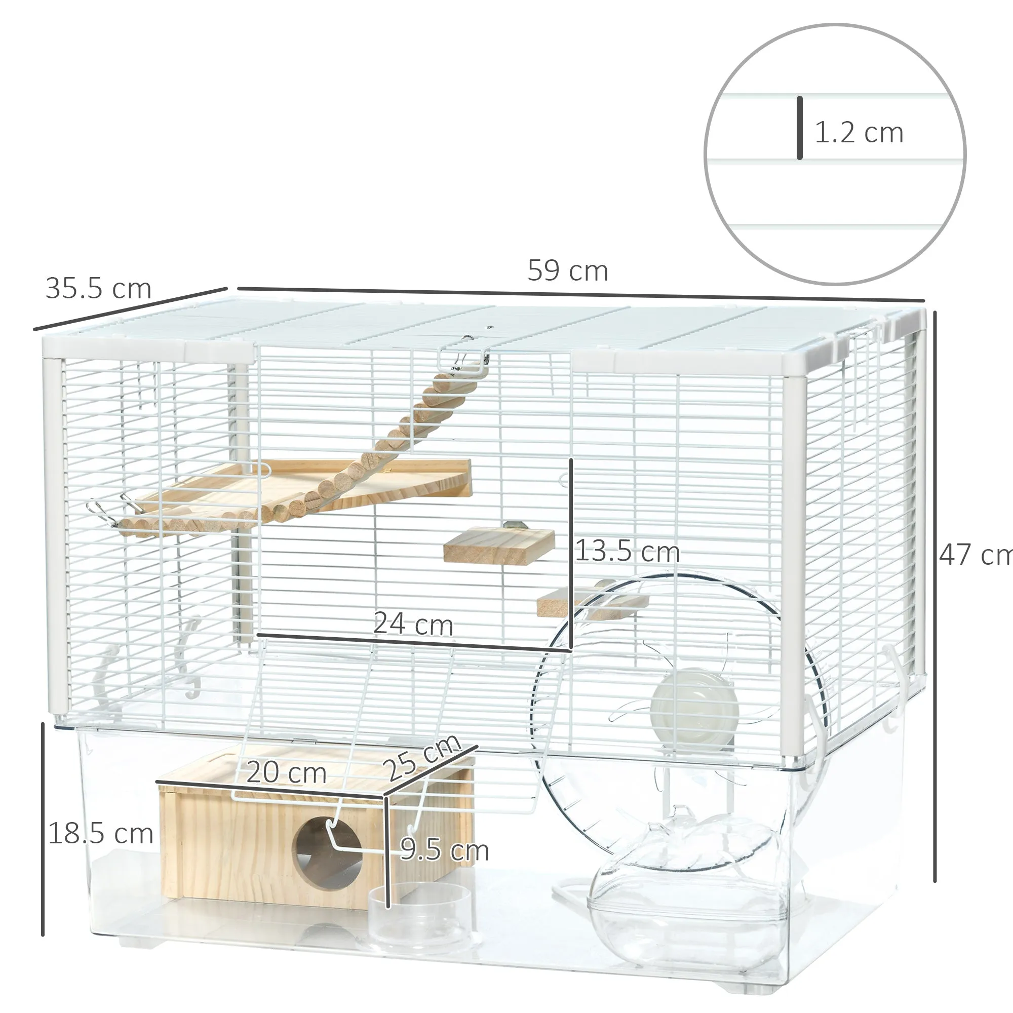 Hamster Cage Gerbilarium Cage Wooden Ramp Exercise Wheel Food Bowl Natural Tone and White