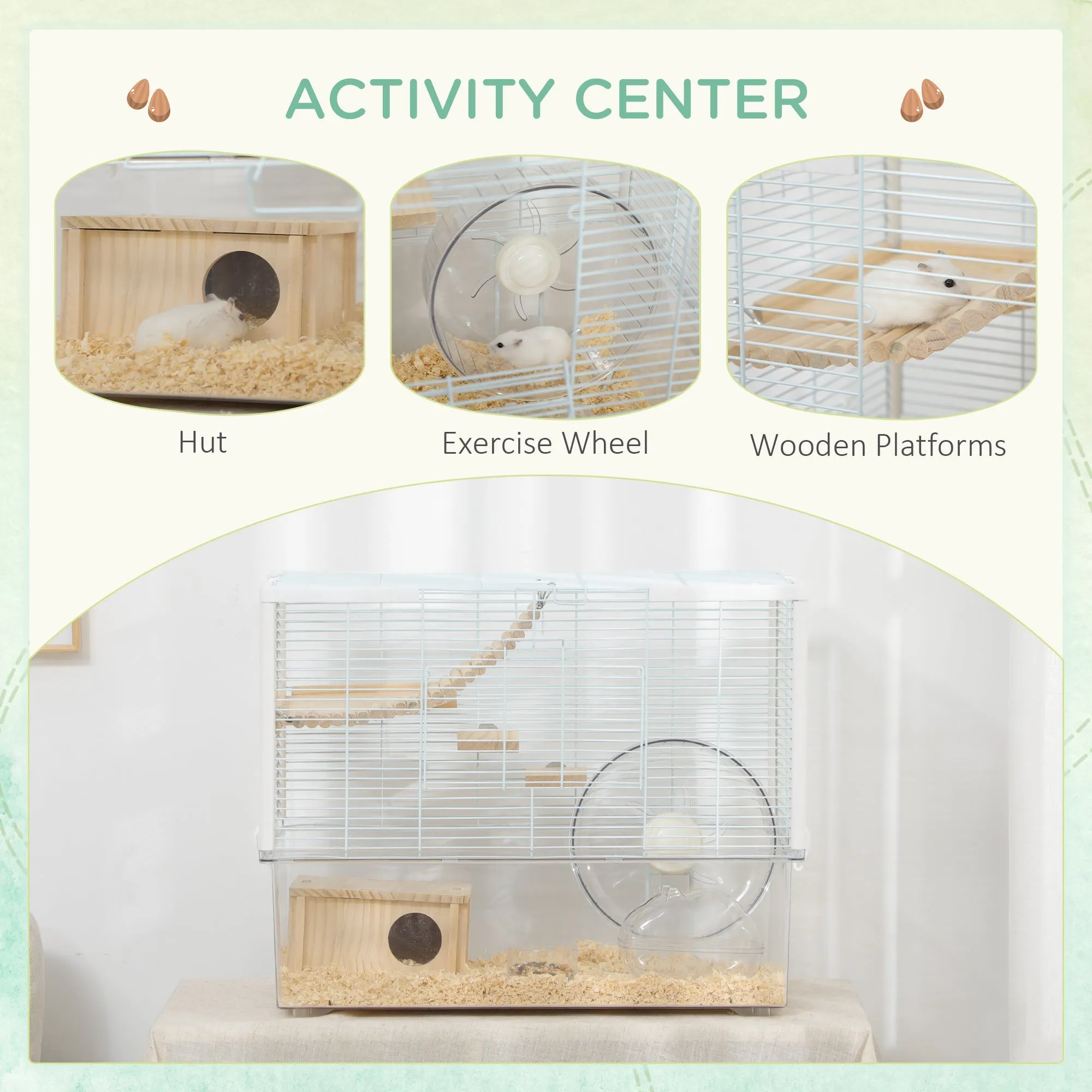 Hamster Cage Gerbilarium Cage Wooden Ramp Exercise Wheel Food Bowl Natural Tone and White