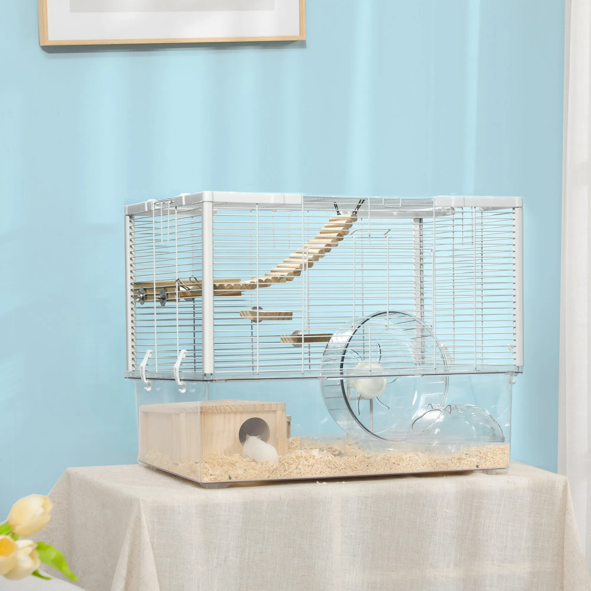 Hamster Cage Gerbilarium Cage Wooden Ramp Exercise Wheel Food Bowl Natural Tone and White