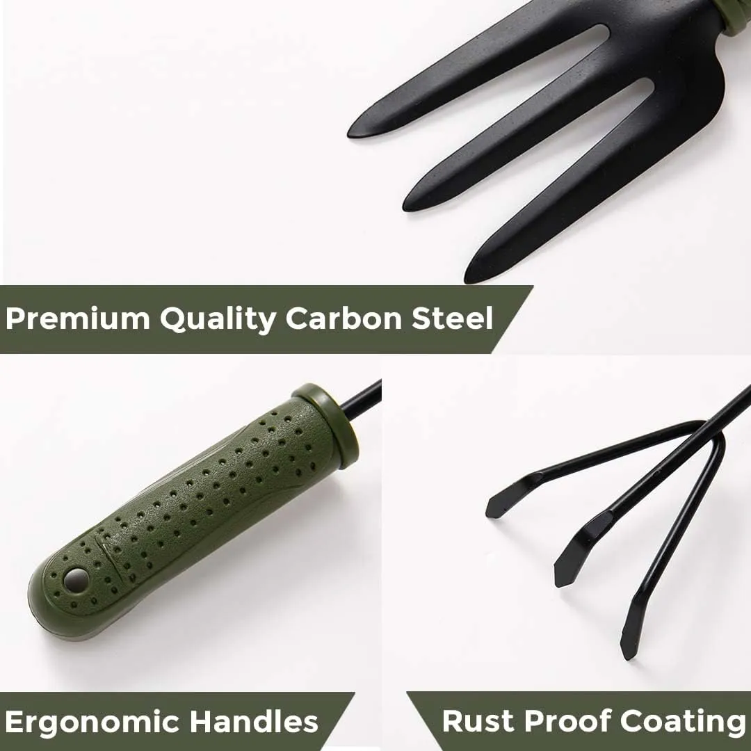 Kuber Industries Garden Tools|Small & Big Hand Trowels|Hand Cultivator|Hand Weeder & Fork Carbon Steel|SJ-5020|Comfortable & Easy Grip Handles|Set of 5|Green & Black (Pack of 5)