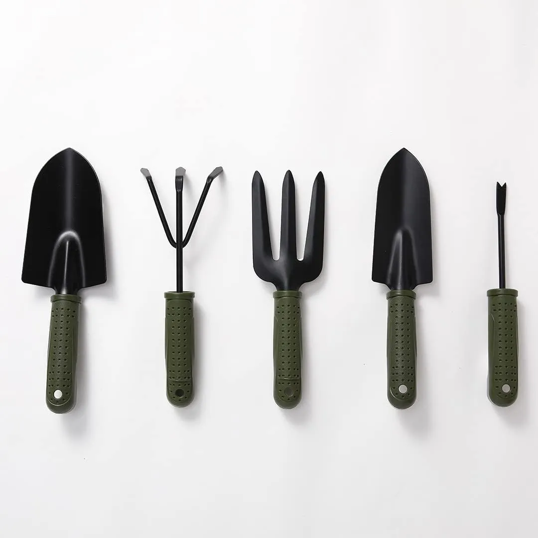 Kuber Industries Garden Tools|Small & Big Hand Trowels|Hand Cultivator|Hand Weeder & Fork Carbon Steel|SJ-5020|Comfortable & Easy Grip Handles|Set of 5|Green & Black (Pack of 5)