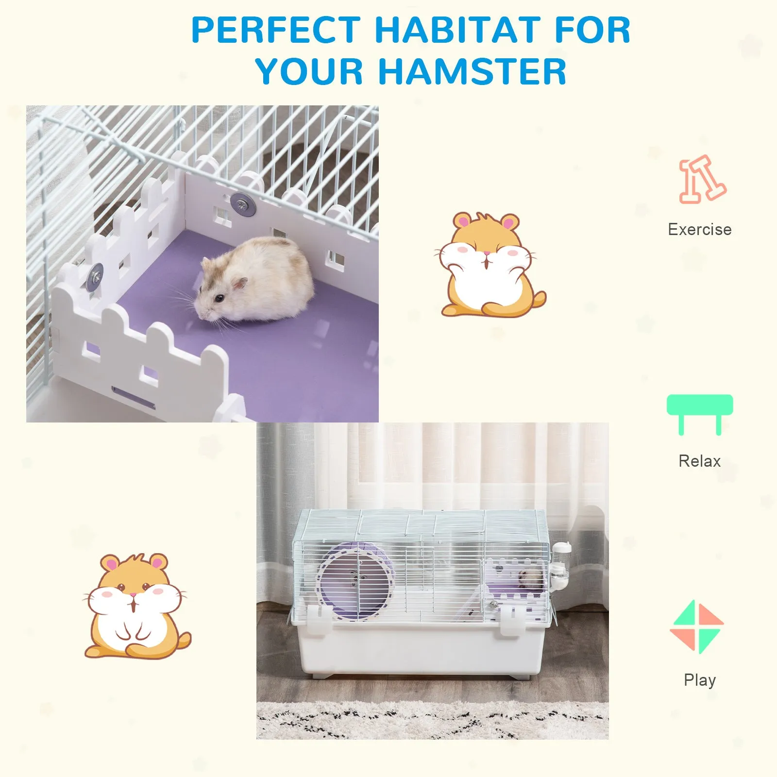 PawHut 2 Tier Hamster Cage Rodent House with Exercise Wheel Water Bottle Ladder
