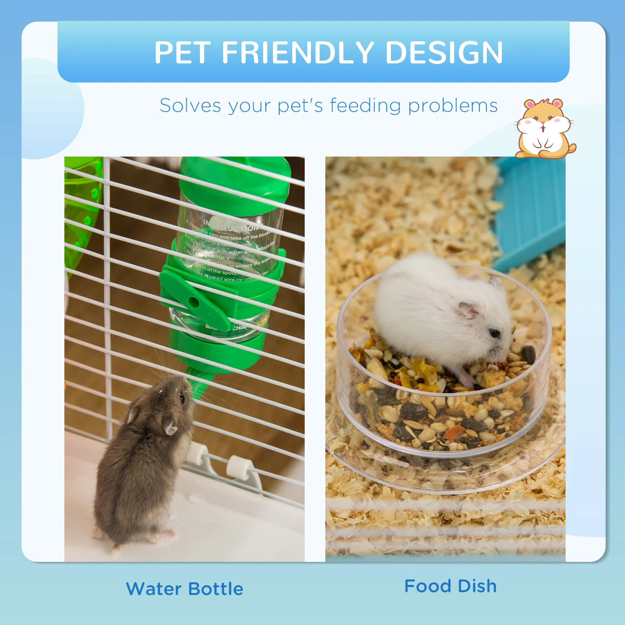PawHut Hamster Cage w/ Tubes Exercise Wheel, Water Bottle, Food Dish -  Blue