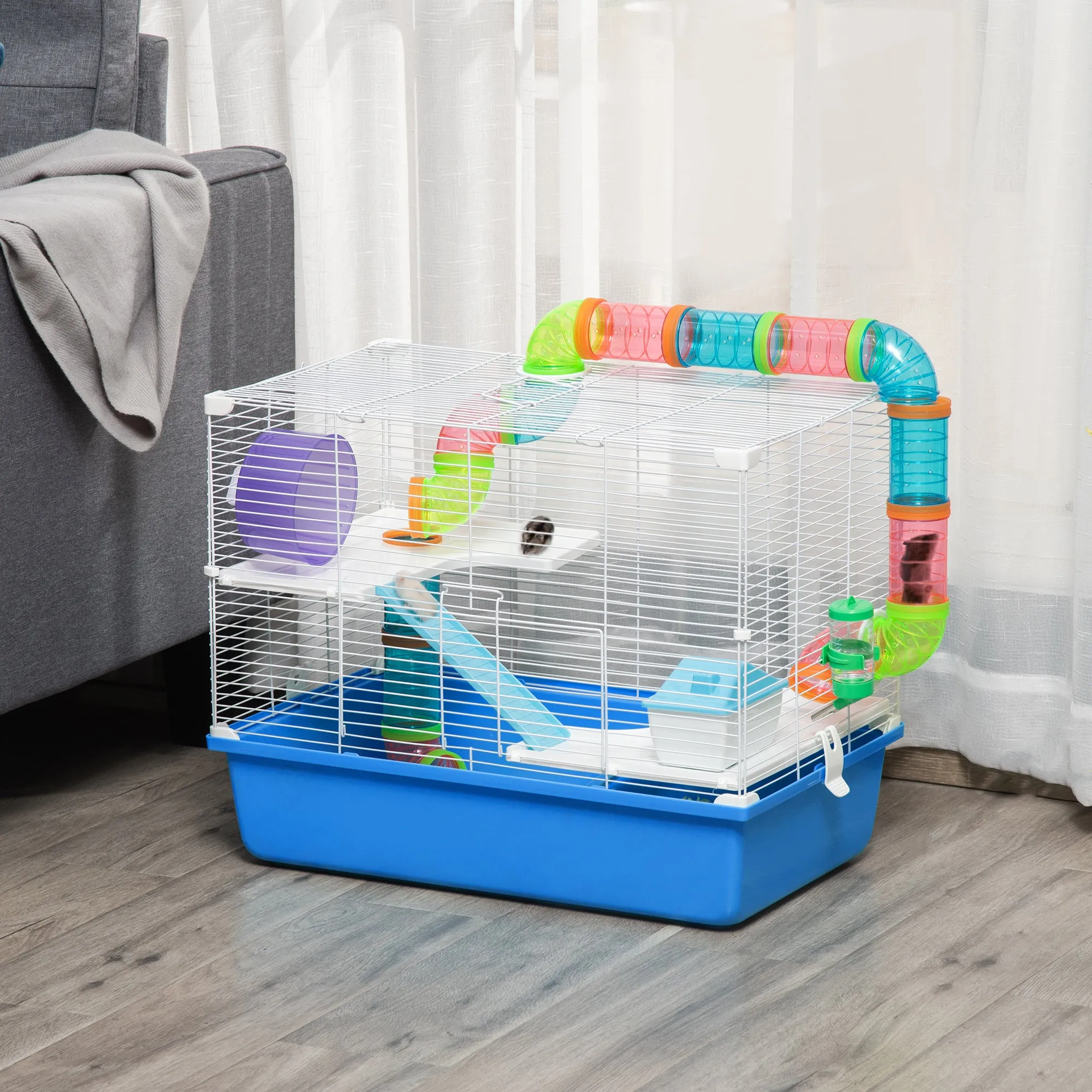 PawHut Hamster Cage w/ Tubes Exercise Wheel, Water Bottle, Food Dish -  Blue