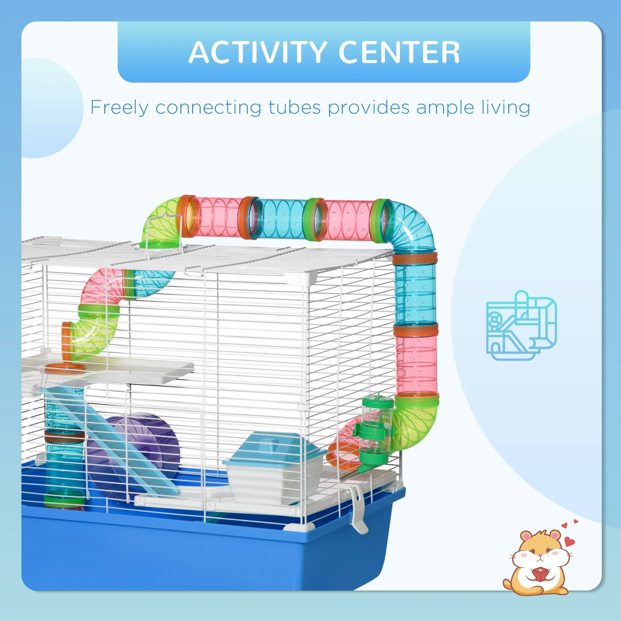PawHut Hamster Cage w/ Tubes Exercise Wheel, Water Bottle, Food Dish -  Blue