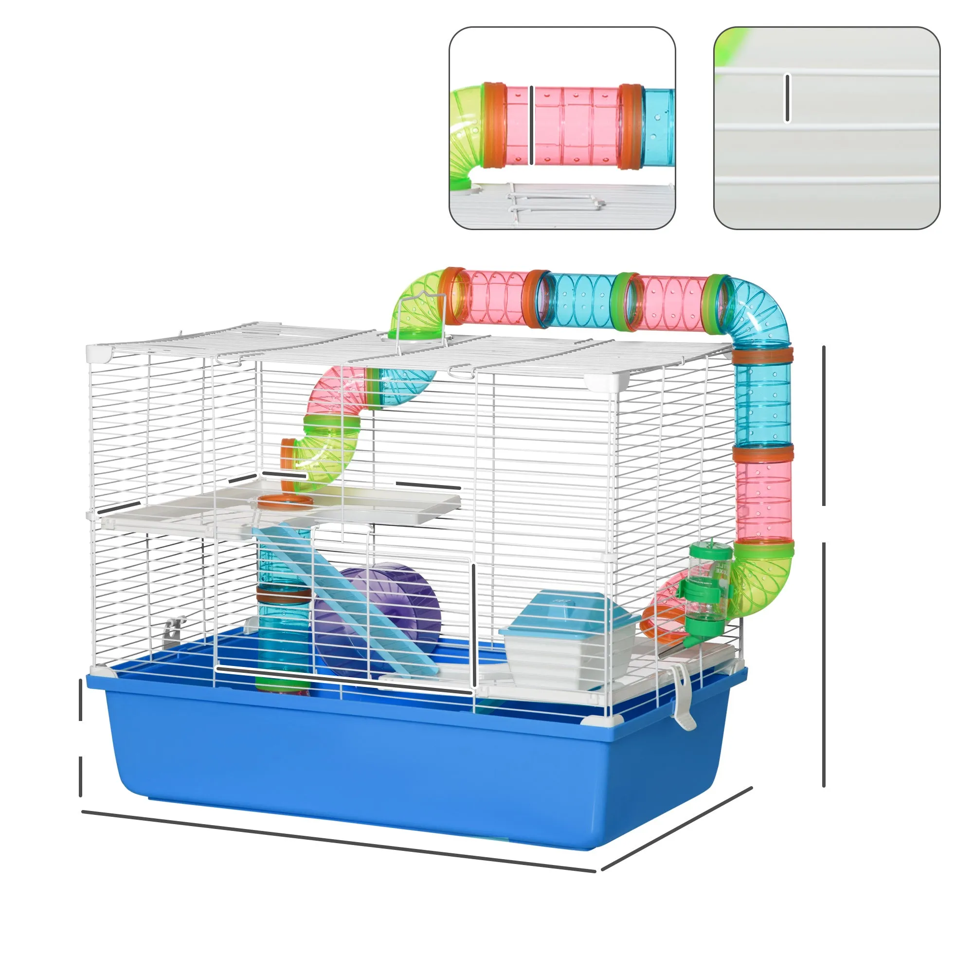 PawHut Hamster Cage w/ Tubes Exercise Wheel, Water Bottle, Food Dish -  Blue