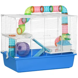 PawHut Hamster Cage w/ Tubes Exercise Wheel, Water Bottle, Food Dish -  Blue