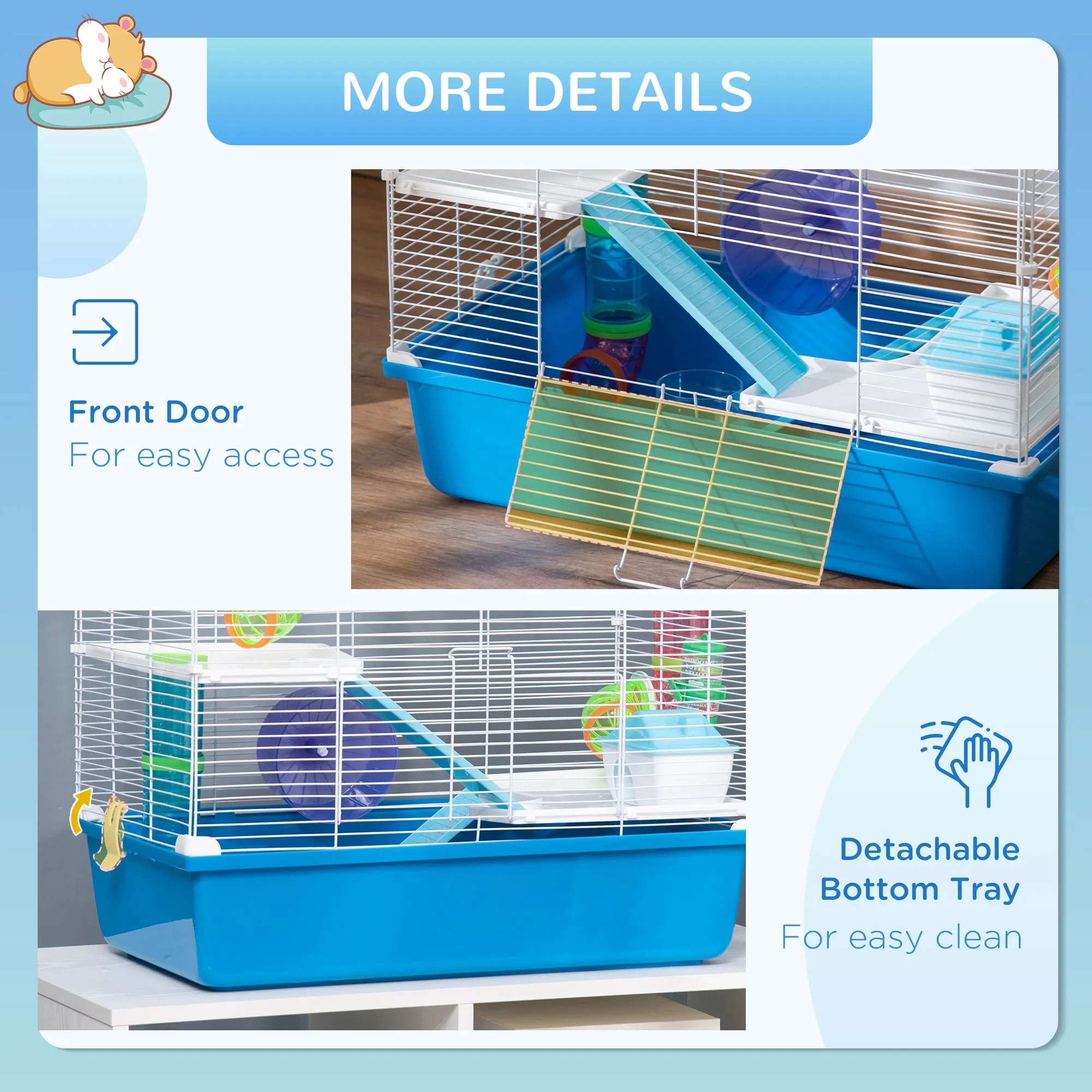 PawHut Hamster Cage w/ Tubes Exercise Wheel, Water Bottle, Food Dish -  Blue