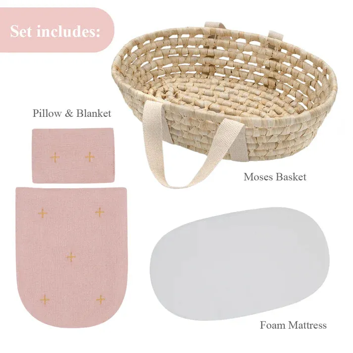 Rattan Doll Moses Basket Set - Blush