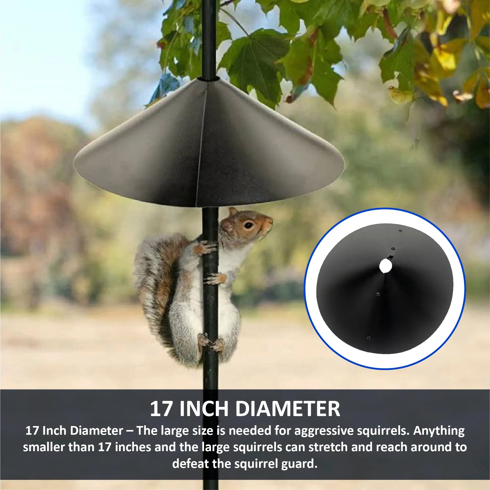Squirrel Proof Bird Feeder Baffle Guard – Pole Mount and Hanging - Powder Coated Steel – Wrap Around Heavy-Duty Steel Design – Includes All Accessories – Black - 18 Inch Diameter – 1 Pack